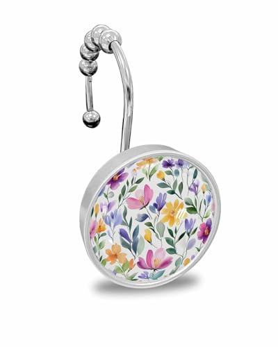 Shower Curtain Hooks Set of 12, Spring Flower Country Watercolor Plant Crystal Glass Showers Curtains Rings, Bathroom Decorative Rod Stainless Steel Rust Proof Roller Hangers Hook