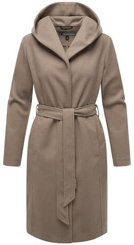 MARIKOO Damen Übergangsmantel lang Wickelmantel leichter Trenchcoat in Wolloptik mit Taillengürtel und Kapuze Kailii 16 Dark Taupe Gr. XXL