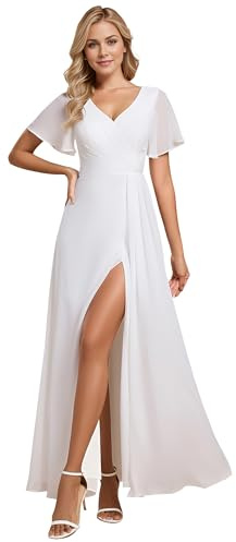 Ever-Pretty Vestido de Dama de Honor Elegante Manga Larga con Volantes Abertura Formal Blanco 44