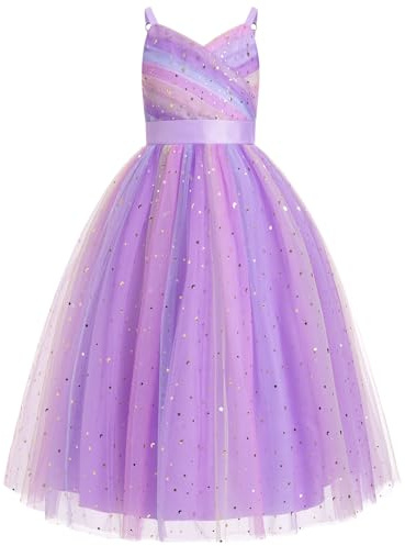 IWEMEK Fille Robe de Mariage Longue Robe de Demoiselle d'honneur Tutu Princesse en Spaghetti sans Manches Baptême fête Anniversaire Soirée Cocktail pour Enfants 6-14 Ans