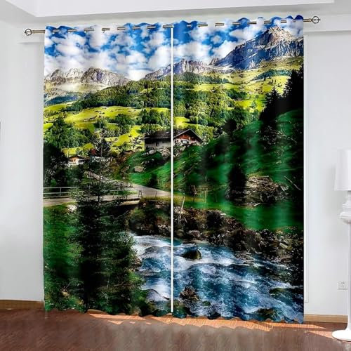 Bishilin Gardinen Blickdicht mit Ösen 2er Set, Vorhänge Verdunklung 214x214CM mit Motiv Landschaft Berge Flüsse und Dorf Verdunklungsvorhänge Kinderzimmer Jugendzimmer
