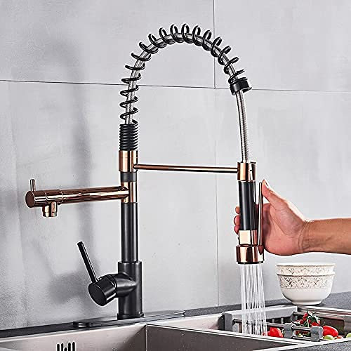 Küchenspülenarmaturen, Roségold, Schwarz, Küchenarmatur, herunterziehbar, Doppelauslauf, Einhebel-Wassermischbatterie, 360-Grad-Drehung, Küchenmischbatterie und Schwarz