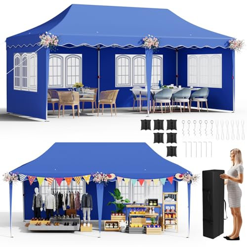 Gazebo 3x6, Tendone 3x6 Pieghevole Impermeabile, Protezione UV50+, Altezza regolabile 290-300-310cm, con 6 Sacchi di Sabbia e 4 Tende Laterali Rimovibili, Gazebo Pop Up per Festival Giardino Feste Blu