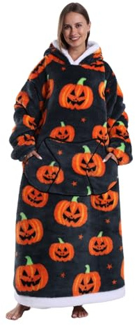 Pterygoid - Manta extralarga de gran tamaño con capucha, mangas y bolsillos, para llevar puesta | Sudadera de felpa para adultos, regalo para mujeres y hombres, Calabaza de Halloween, Talla única
