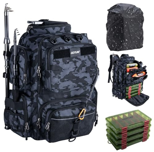 Goture Angelrucksack mit 4 Köderbox Angeln, 45-Liter Angelzubehör-Rucksack mit Zwei Rutenhaltern und Regenschutz, 900D Oxford-Gewebe Wasserabweisende Angelgerätetasche mit verstellbarem Fach