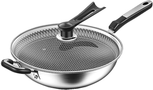 Wokpfanne – Bratpfannen aus Edelstahl, antihaftbeschichteter Bratwok, Pfanne mit rundem Boden und Deckel aus gehärtetem Glas, mit Soft-Touch-Griff, Flache Bratpfanne, Topf, für Gas- (34cm)