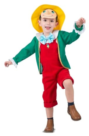 My Other Me - Costume da Pinocchio per bambini unisex con cappello, visiera, giacca e salopette in rosso e verde, taglia 3-4 anni. Perfetto per vivere avventure di racconti classici