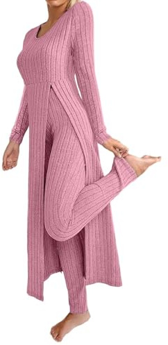 KBOPLEMQ Tuta da donna in due pezzi, a maniche lunghe, a coste, top e leggings, set da due pezzi, per il tempo libero, casual, da jogging, a maglia, pantaloni lunghi, O rosso., XL