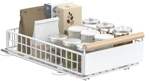 YheenLf 1Stück Teleskopschublade,Schubladen Organizer,39.5×23.5×11cm,Weiß | Ausziehbare Schublade Küche,Kein Bohren,Platzsparend,Leicht zu Reinigen,Aufbewahrungskorb für Küchenschränke Badezimmer