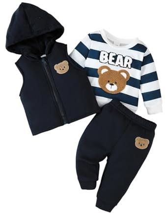 XIXIMAON Toddler Baby Boy Winter Outfit 3Pcs Fluffy Warm Clothes Cartoon Bear Embroidery Long Sleeve Striped Sweatshirt Hooded Gilet Waistcoat Trouser Set