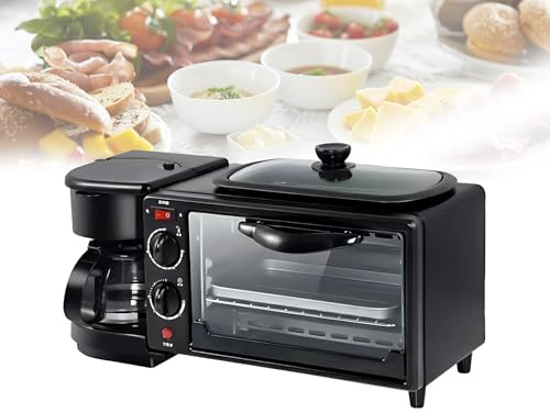 Multifunction Breakfast Station with Coffee Maker, Non-stick Griddle, 7L Mini Oven and Dual Heating Elements, Space-Saving Appliance for Rvs and Office Kitchens