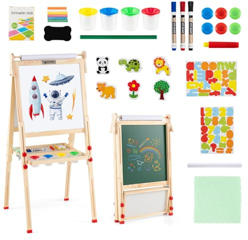 Costzon Wooden Art Easel for Kids, 3 in 1 Height Adjustable Foldable Easel w/Double-Sided Magnetic Whiteboard, Chalkboard & Paper Roll, Standing Drawing Board for Children Ages 3-14