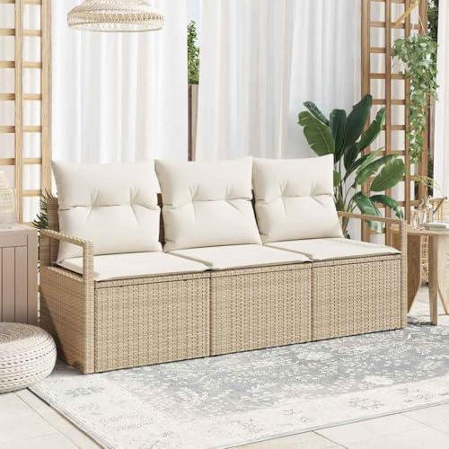 Tonture Garten Sofa Set mit Kissen 3-teilig Beige Poly Rattan, Modulares Loungeset für Terrasse, UV-beständig, Wetterfestes Outdoor Möbelset