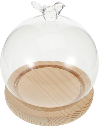 ADOCARN Cloche de Présentation en Verre avec Socle Bois et Bouton | Format Compact, Pièce Décorative Romantique, Dôme Transparent, Protège les Objets Exposés et Limite les Chutes