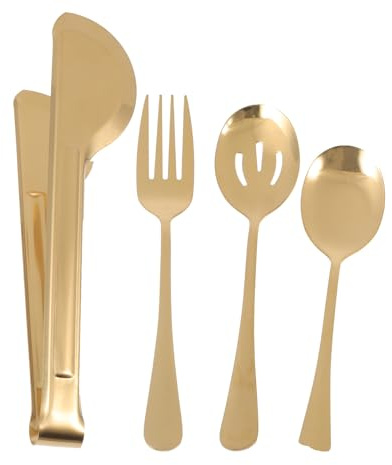 SHINEOFI Pinzas para Comida y Cubiertos Dorados de Acero Inoxidable 4 Piezas, Juego de Cucharas y Tenedores para Servir en Buffet, Hogar y Restaurantes, Apto para Lavavajillas