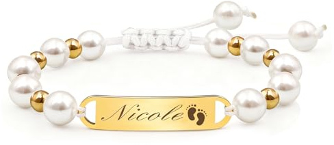 Personalisiertes Babyarmband, verstellbare Größe, weiße Perlen, mit individueller Namensgravur, Edelstahl, vergoldet – das perfekte Geschenk für Babys, Kinder und frischgebackene Mütter. (Gold)