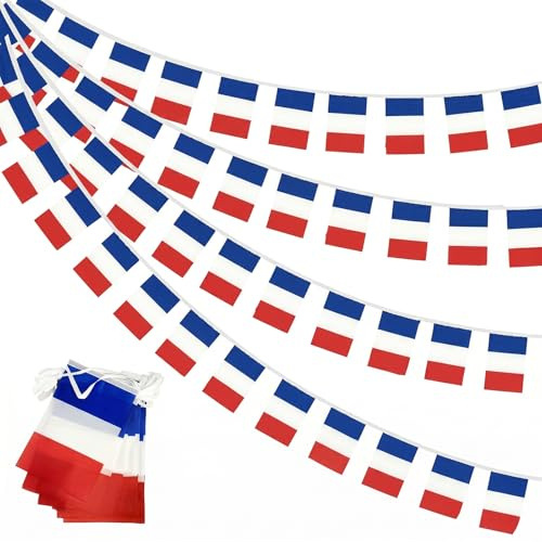 Guirnalda de banderines Francia con 20 banderas francesas, banderines 14x21 cm, pancarta para Decoración de Eventos Deportivos, Fiesta Nacional, Jardín, Bar, Balcón, Fiesta de fútbol