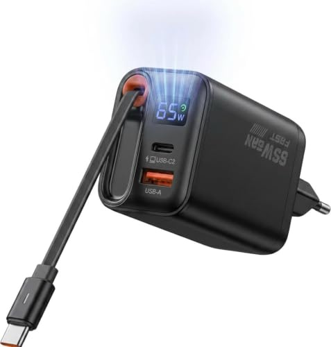 Cargador 65W GAN 3 en 1 USB C con Pantalla Digital & Cable retráctil 65cm | Bloque Carga USB-C + USB A para IP-Hone/Galaxy/Switch Toma Pared Compacto Negro