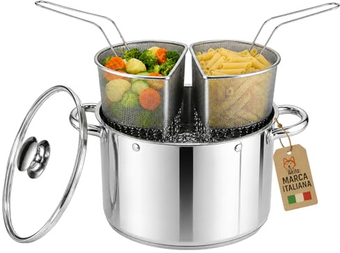 AkitaInk Bollipasta 20 cm in Acciaio Inox con 2 Cestelli e Coperchio in Vetro, Pentola Scolapasta per Pasta e Verdure, Resistente e Pratica