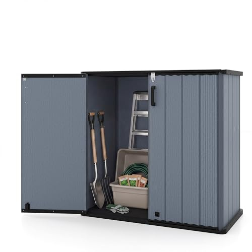 RELAX4LIFE Gartenschrank wetterfest Outdoor, 120 x 65 x 117 cm, Geräteschrank mit 2 abschließbaren Türen, Gartenbox aus Kunststoff, Aufbewahrungsschrank für Garten, Terrasse, Pool (Grau)