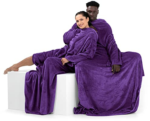 DecoKing Manta con Mangas de Microfibra y Bolsillos Forro Polar Suave y cálido con Compartimento para los pies 170x200 cm Violeta Lazy