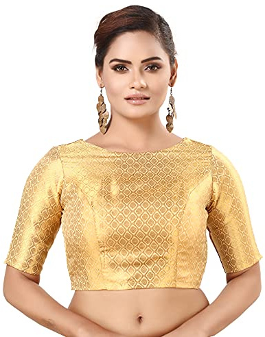 Madhu Fashion Women's Traditional Rich Golden Banarasi Brocade Stitched Readymade Saree Blouse (36 Gold)