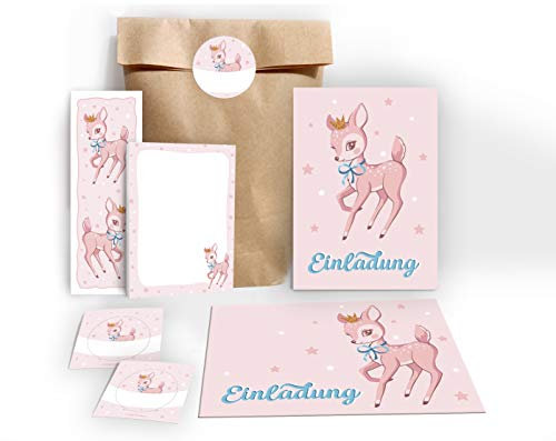 JuNa-Experten 6 Einladungskarten zum Kindergeburtstag Mädchen Bambi incl. 6 Umschläge, 6 Tüten/natur, 6 Aufkleber, 6 Lesezeichen, 6 Blöcke