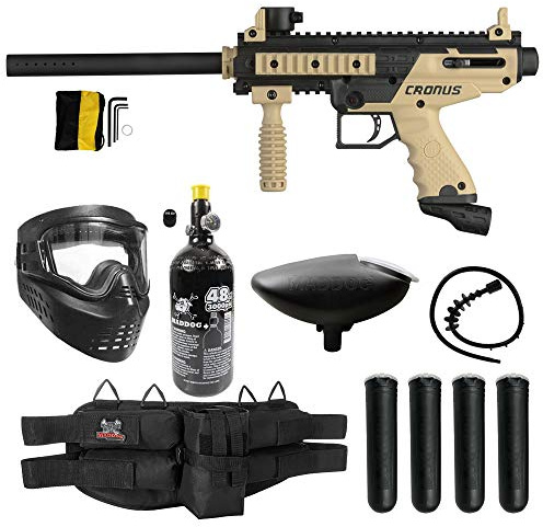 Maddog Tippmann Cronus Basic Paintball Gun Marker and Accessory Starter Package [HPA] |Silver Kit - Marker, 48ci/3000psi Compressed Air Tank, Mask, Hopper, 4+1 Harness, & (4) Pods
