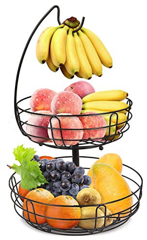 Mutool Fruit Basket with Banana Hanger 2 Tier Fruit Racks Banana tree Detachable Wire Fruit Bowls Countertop Kitchen Storage Basket for Fruits Vegetables Snacks Breads Eggs, Black
