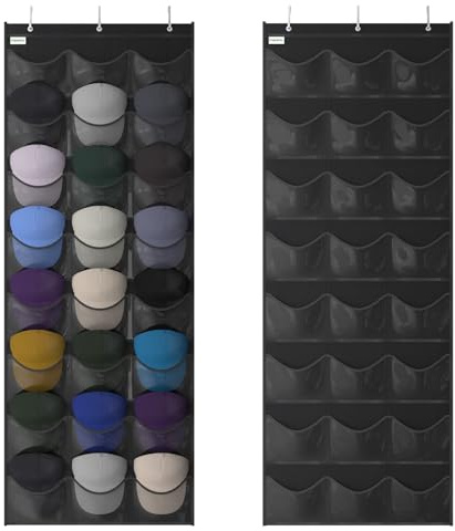Unjumbly Baseball Hat Rack, 24 Pocket Over-The-Door Hat Organizer with Clear Deep Pockets to Display Baseball Caps Collection, Complete with 3 Over Door Hooks (Black, 24 Pockets)