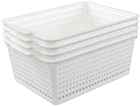 Joyeen Large Stroage Basket, Plastic Kitchen Cupboard Basket Box Set of 4 (White)