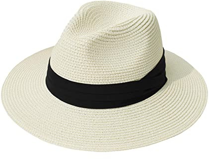 Joligiao Donna Cappello Panama Estivo Cappello da Spiaggia in Paglia Elegante Cappello a Tesa Larga da Sole Traspiranti Cappello Fedora Regolabile Protezione Solare,Taglia Unica,Bianco