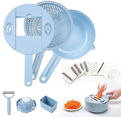 Tagliaverdure 12 in 1 con contenitore, tagliaverdure multifunzionale, affettatrice per verdure, frutta, grattugia da cucina, lame in acciaio inox con cestello di scarico (blu)