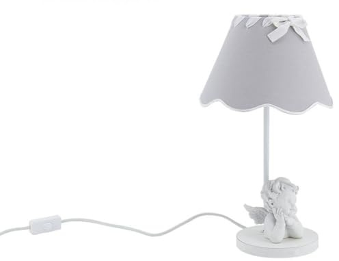 AUBRY GASPARD - Lampe en Métal avec Ange - Abat-jour en Coton - Gris Blanc - Ø 22 cm x Hauteur 40 cm - Câble 110 cm - Ampoule E27 Non Incluse - Décoration Douce et Romantique - 40W Max - 1.13 kg