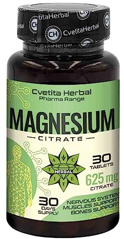 100% Reines Magnesiumcitrat 625 mg mit 100 mg Magnesium, 30 Tabletten, vegan, im Labor getestet und mit hoher Absorption durch Cvetita Herbal