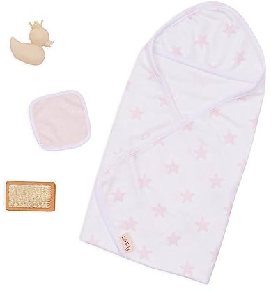 LullaBaby - Baby Puppe Badezeit Outfit - 36 cm Baby-Puppe Zubehör - Badehandtuch mit Kapuze und rosa Sternmuster - Badespielzeug & Rosa Entchen - Spielzeug für Kinder ab 2 Jahren