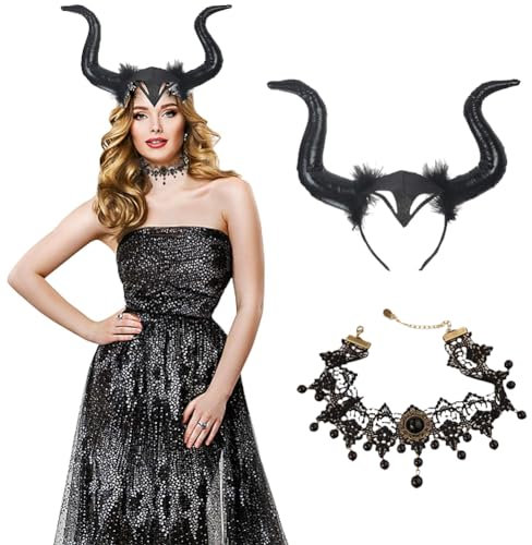 PIUMOJ Königin Hörner Teufel Kopfschmuck, Halloween Kostüm Teufel Mädchen, Spitze Halskette Hexenkostüm Teufelhörner Kostüm Böse Stirnband Schwarz Haarband für Karneval Karneval Cosplay, 2 Stücke