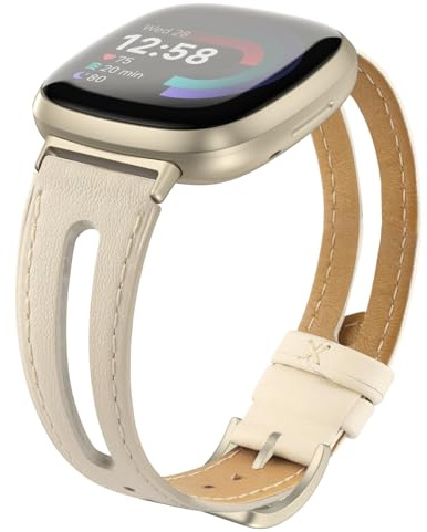Tuocal Lederarmband Kompatibel für Fitbit Versa 4 / Versa 3 Armband/Sense Leder Armband, Schlankes Weiches Ersatzarmband Kompatibel mit Fitbit Versa 4 / Versa 3 / Sense Damen Herren, Elfenbein