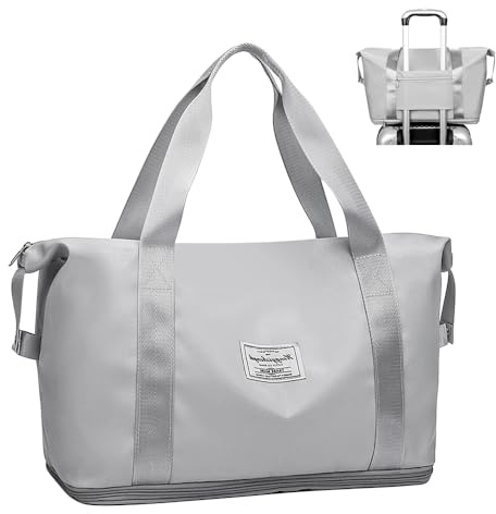 Weekend Bag for Women Overnight & Carry On Holdall Travel Bag - Waterproof Weekender Tote Expandable for Vacation, Gym, Sports, Shopping (36L Grey)