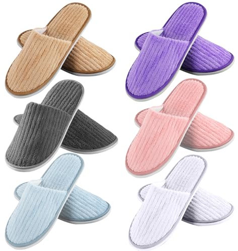 Nizirioo 6 par gästtofflor: frottétofflor, tvättbara halkfria, korallfleece, tår, 28,5 x 11 cm, för hotell, resor, hem, Vit röd