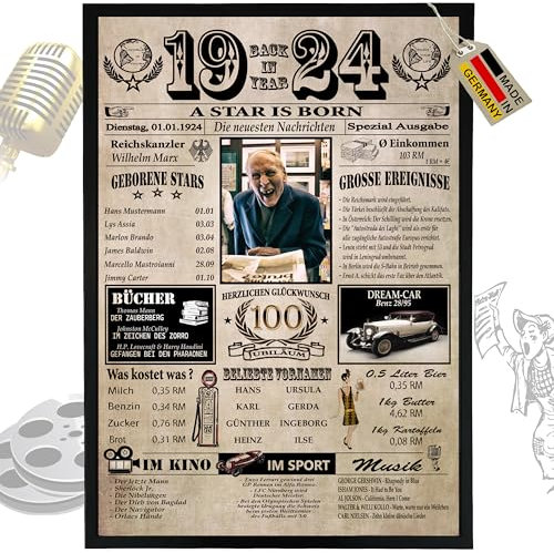 DUOMIO 1925-6 Felder PERSONALISIERBAR! Chronik zum 100 Geburtstag, Geschenke zum 100 Geburtstag Mann & Frau -400g/m² Premium Papier-Geburtstagskarte 100. -1925 Jahrgang Geschenkidee