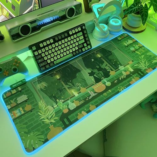 JMIYAV Green RGB Gaming Mouse Pad PC XL Large Extended Glowing Led Light Up Desk Pad Non-Slip Rubber Base Computer Keyboard and Mouse Pad Cool Cute Mousepad Mat 80 * 30cm twocat001