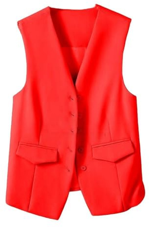 CuLtP Damen Weste, Ärmelloser Blazer, Elegante, Schmale Button Down Weste Für Arbeit Und Büro, Retro Party Weste, V Ausschnitt, Economy Anzugweste, Rot, M
