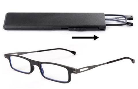 OKH Blaulichtblockierende Ultradünne Leichte Lesebrille für Damen und Herren, Anti-Augen-Überanstrengung, Kompakte Lesebrille mit Tragbarem Dehnbarem Flachem Gehäuse (Schwarz, 2,0)