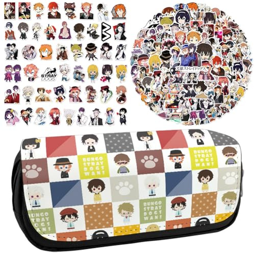 Bungo Stray Dogs Anime Printed Pencil Case Student Stationery Bag Large Capacity Double Layer Pencil Bag Free 100 pcs Anime Stickers Cartoon Graffiti Waterproof Stickers