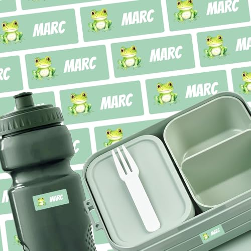Namensschilder für Brotdose, Trinkflasche & Mehr (35 Aufkleber) – Spülmaschinenfeste Namensetiketten mit Frosch Motiv – Personalisierte Sticker mit Motiv – Waschfest – 30 x 13 mm
