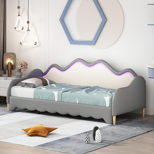 Sapgaks Schlafsofa, 90 x 190 cm, mit LED, 2-Sitzer, umklappbar, Rahmen 180 x 190 cm, mit Lattenrost, für 2 Personen, gepolstert, für Erwachsene, multifunktional, 2-in-1, Grau (ohne Matratze)
