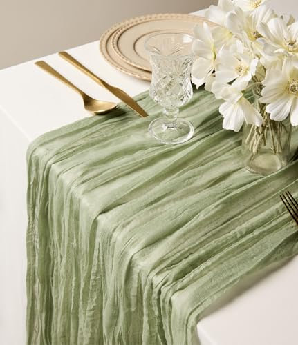 Vitalizart Cheesecloth Table Runner Sage Green 35 x 120 inches Rustic Gauze Fabric Tablecloth Sheer Boho Wedding Table Cover Cheese Cloth Table Decoration for Festival Party & Birthday & Arch