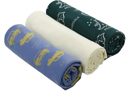 LAT Baby Pucktüch für Neugeborene, 90x90cm 3er Set Baumwolle Baby Mulltuch Spucktuch Puckdecke Babydecke Swaddle Decke (Dinosaurier+Auto+Hellgelb)