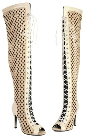 FHVCMTG High Heels Boots Overknee Stiefel Damen Stilettos Offene Zehen Schnürsandalen Aus Mesh Stiefel Jazzschuhe Tanzschuhe Pole Dance Schuhe,Beige11CM,37